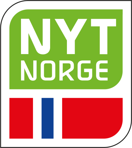 Logo for 'Nyt Norge' featuring white text on a green background above a stylized Norwegian flag pattern.