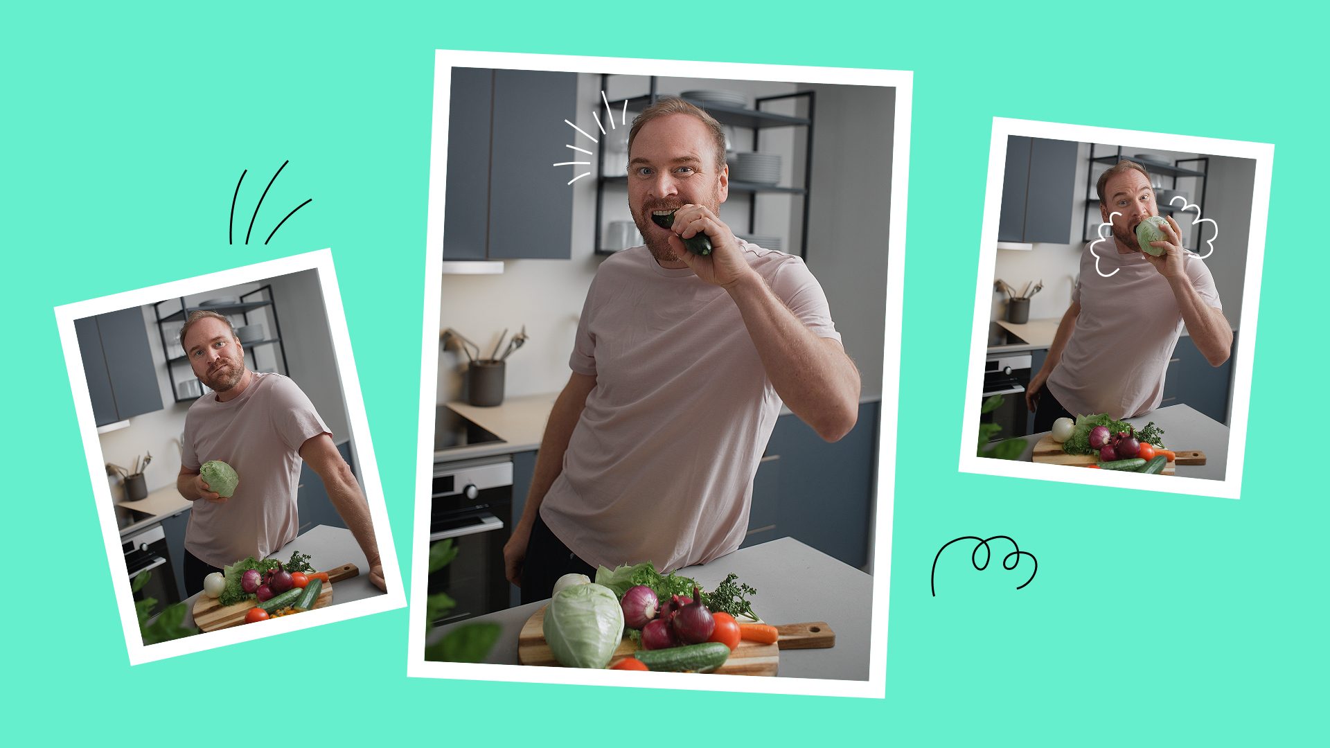 Collage of a man humorously eating vegetables in a kitchen.