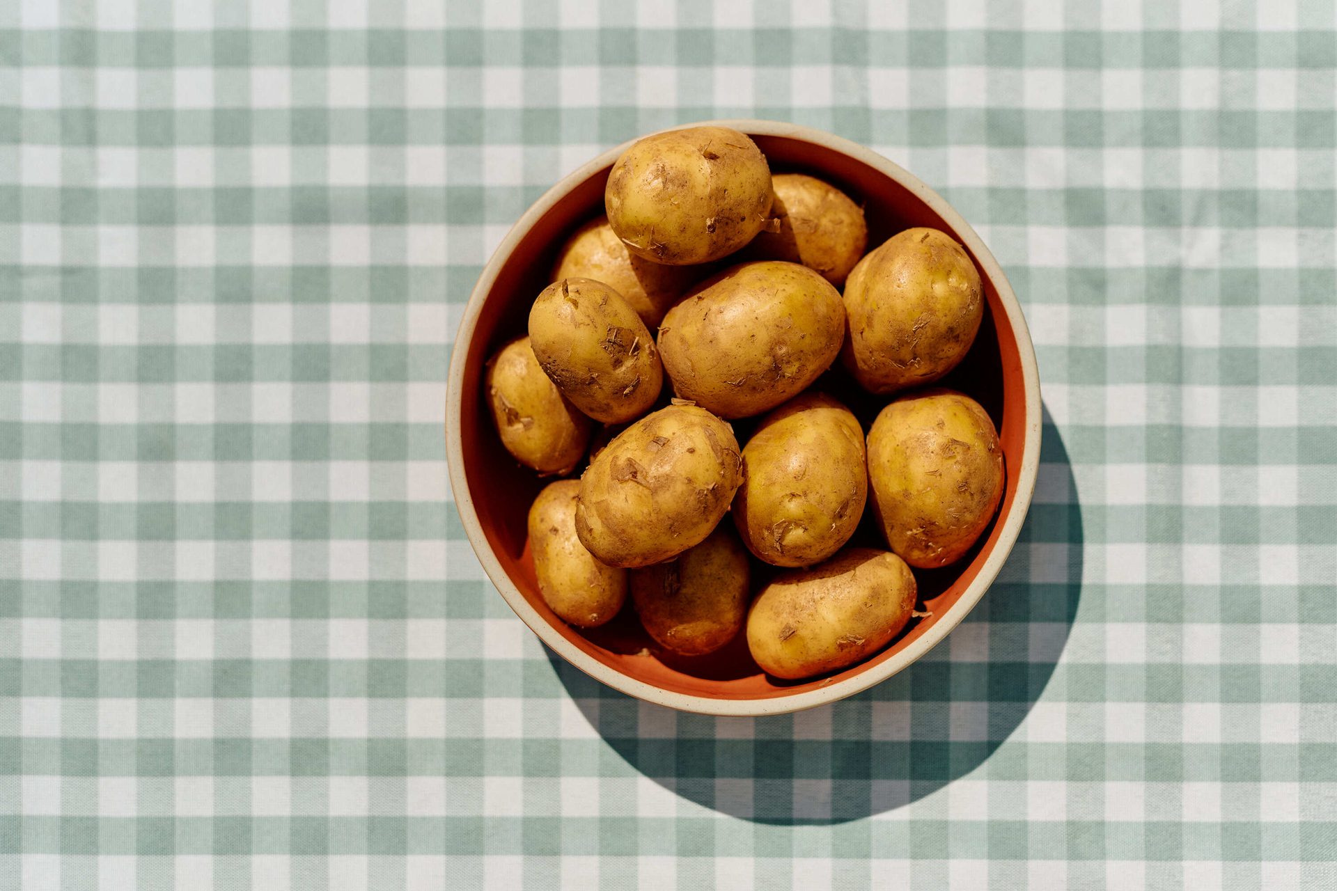 Bowl of potatoes on a green checkered tablecloth.