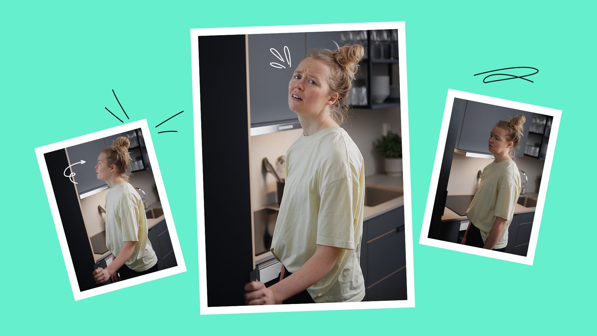Three photos of a woman in a kitchen: opening a fridge, looking confused, then disappointed.