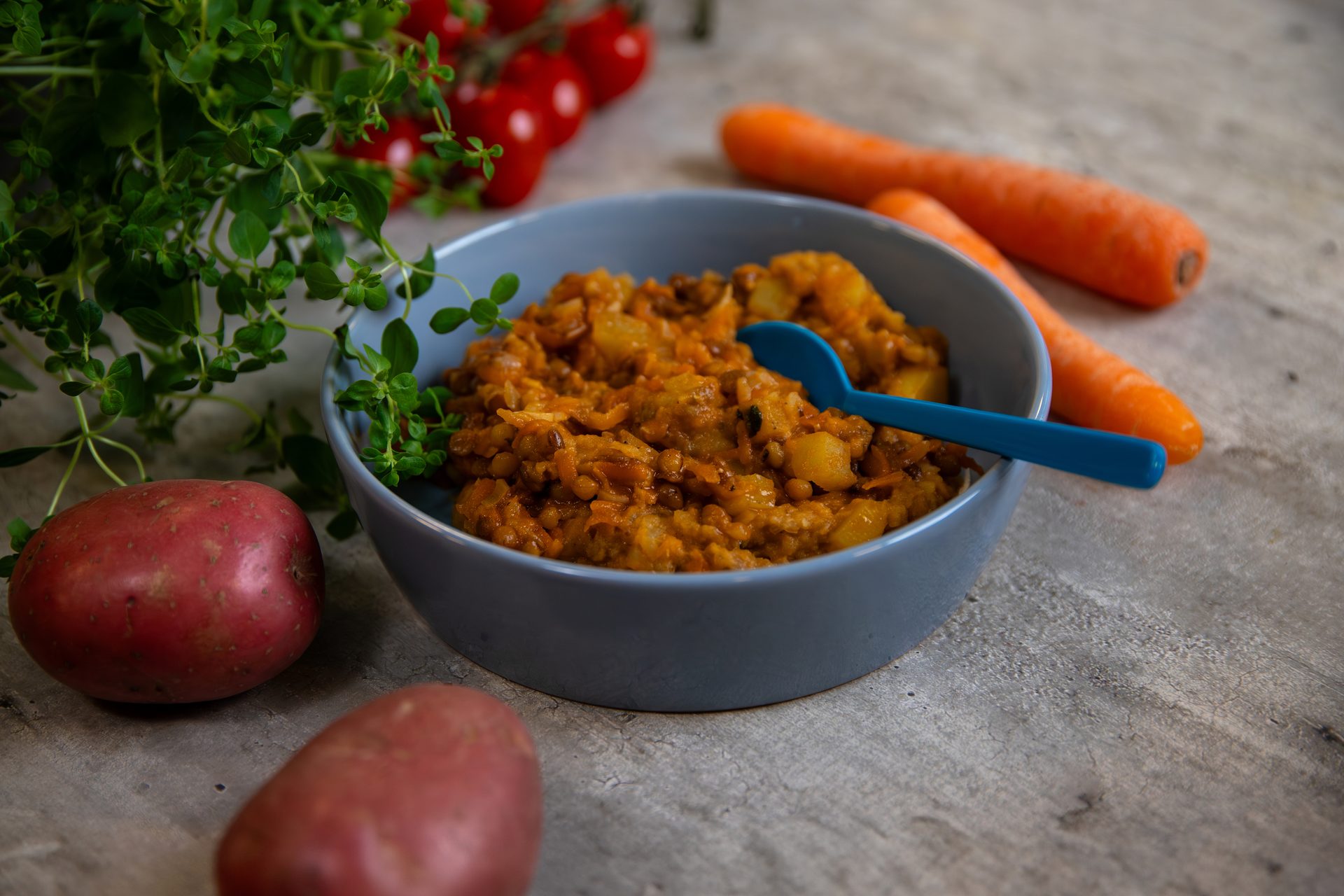 A colorful lentil and potato stew in a gray bowl with a blue spoon, surrounded by fresh vegetables and herbs.
