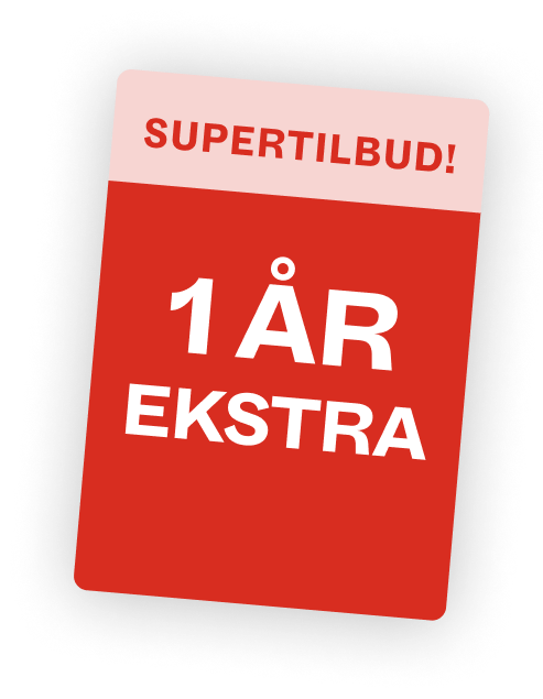 A red and light pink tag with 'SUPERTILBUD!' and '1 ÅR EKSTRA' text, announcing a super offer for an extra year.