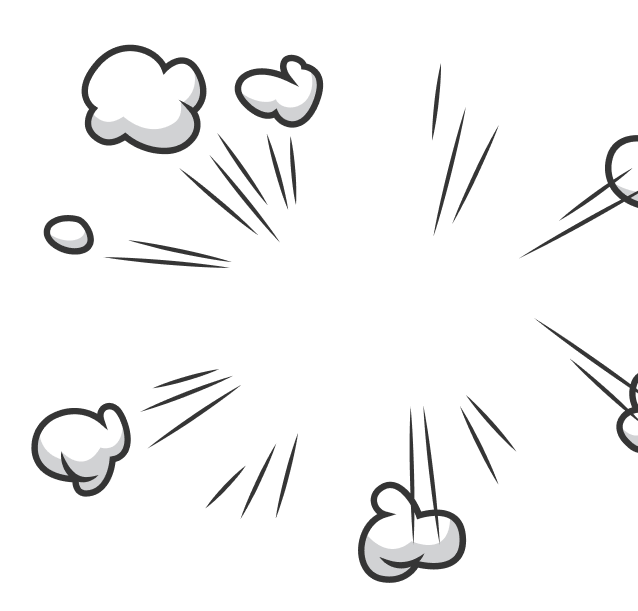 A cartoon comic explosion effect with radial lines emanating from a central point, surrounded by smoke puffs.