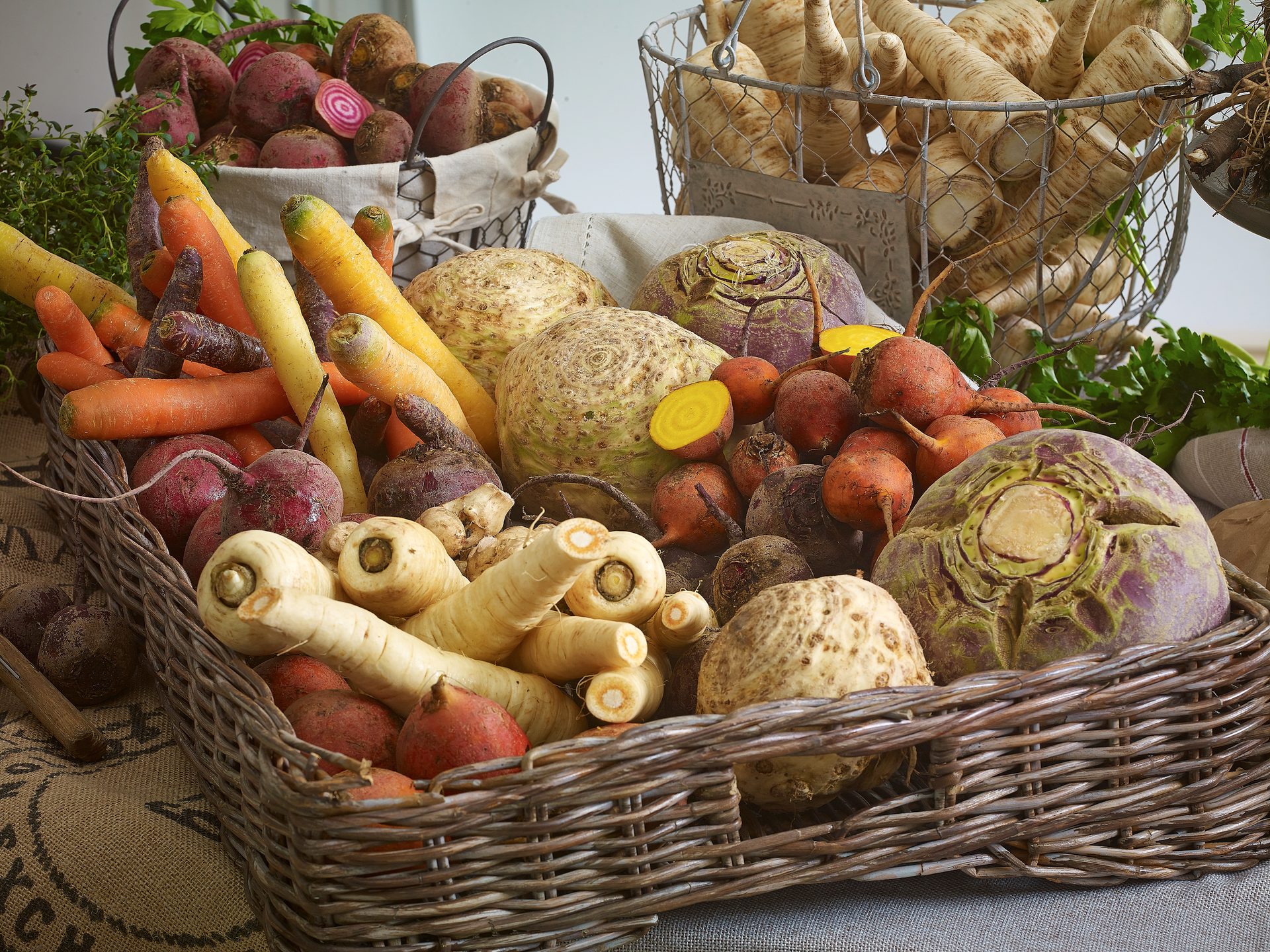 A vibrant display of various colorful root vegetables like carrots, beets, parsnips, and celeriac in baskets.