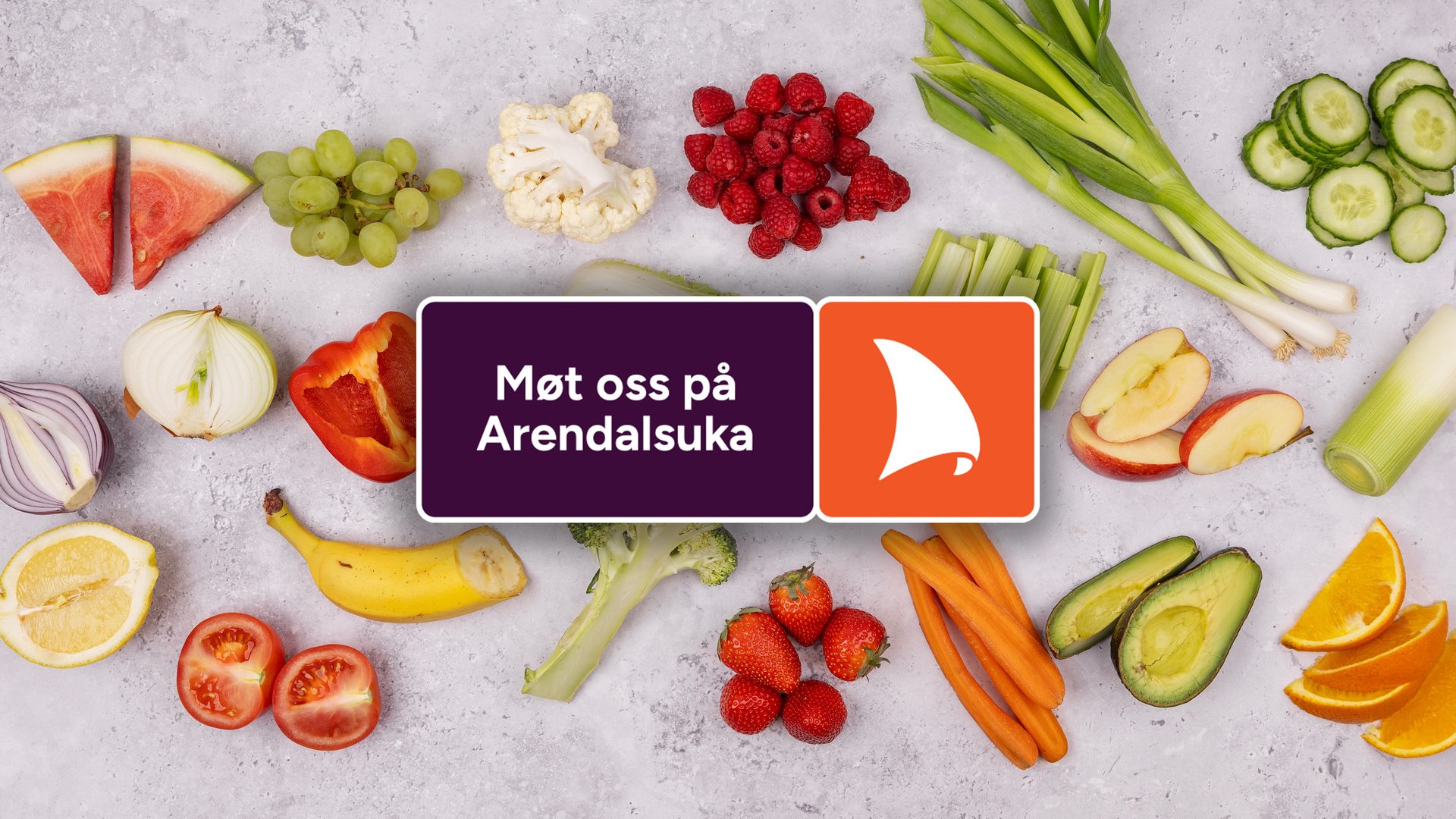 An overhead view of various fresh fruits and vegetables surrounding a banner for 'Arendalsuka' with a sailboat logo.