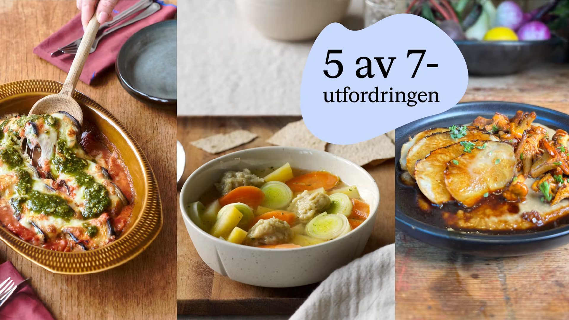 A collage of eggplant parmesan, vegetable soup, and seared scallops with mushrooms, for a 5/7 challenge.