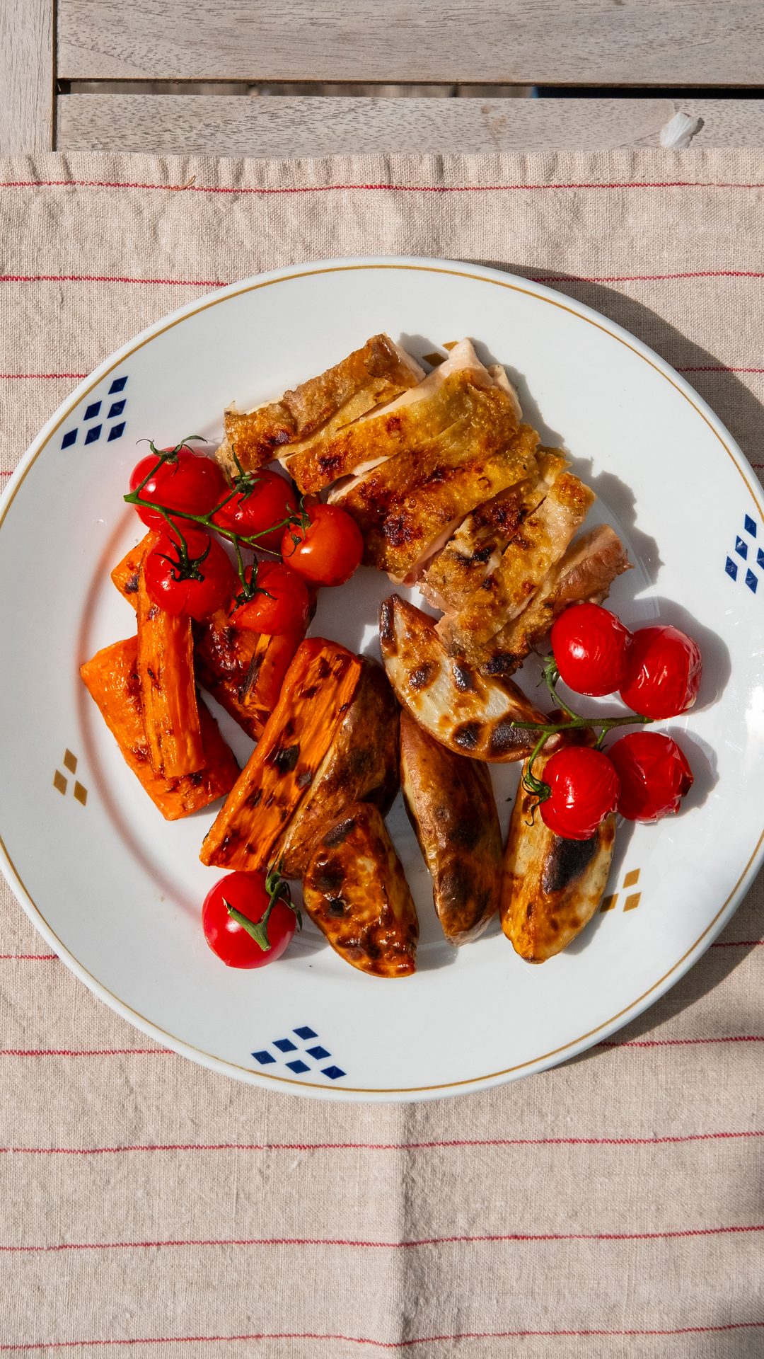 Grilled chicken, roasted sweet potatoes, and cherry tomatoes on a white plate on a wooden table.