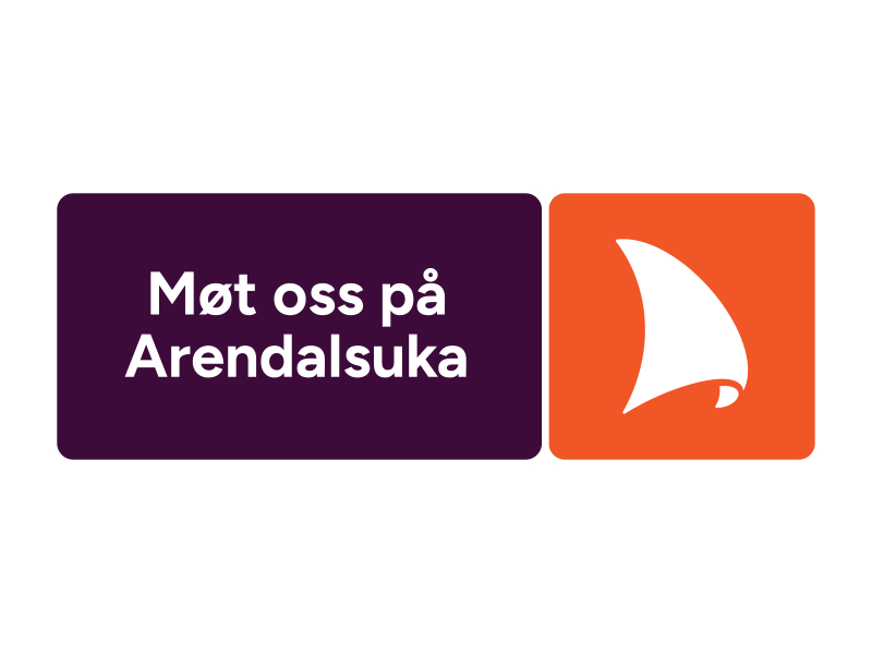 Text 'Møt oss på Arendalsuka' in a purple box next to an orange box with a white sailboat logo.