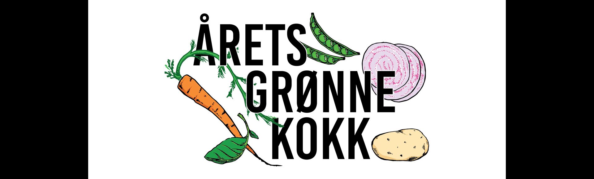 Norwegian text "ÅRETS GRØNNE KOKK" (Year's Green Chef) surrounded by illustrations of vegetables.
