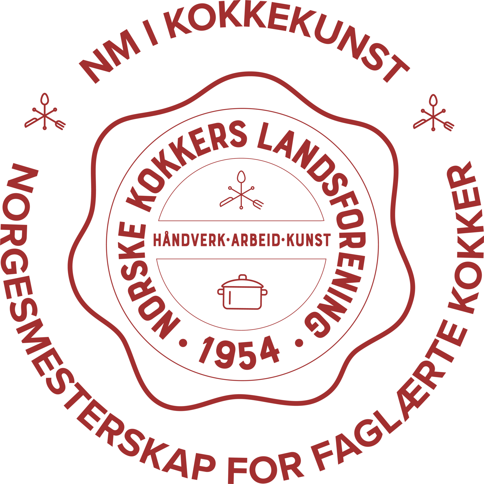 Red circular logo for the Norwegian Culinary Arts Championship, featuring text, cutlery, and a pot icon.