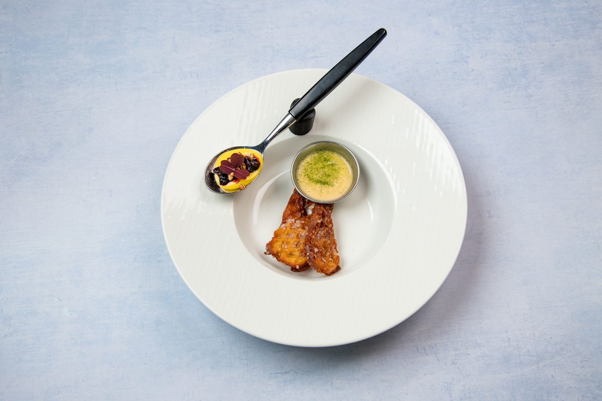 Gourmet appetizer with fried items, creamy sauce, and a spoon of custard on a white plate.
