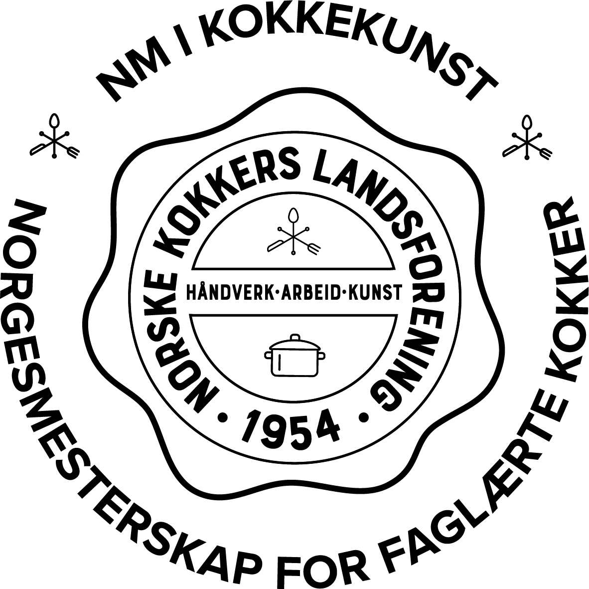 Black & white circular logo: Norwegian National Cooking Championship emblem with text, utensils, and pot.